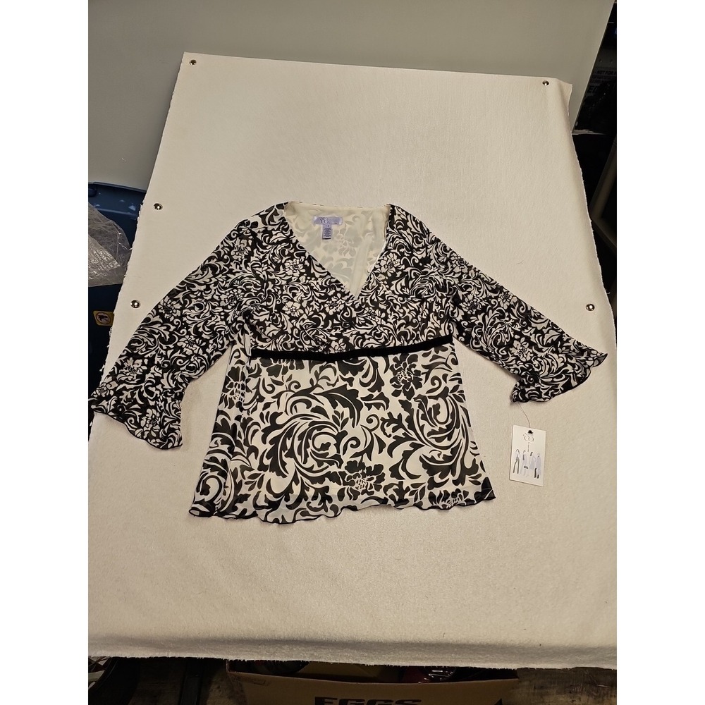 Nine & Co Nine West Black White Damask Floral Empire Waist Blouse Top Size12 NWT